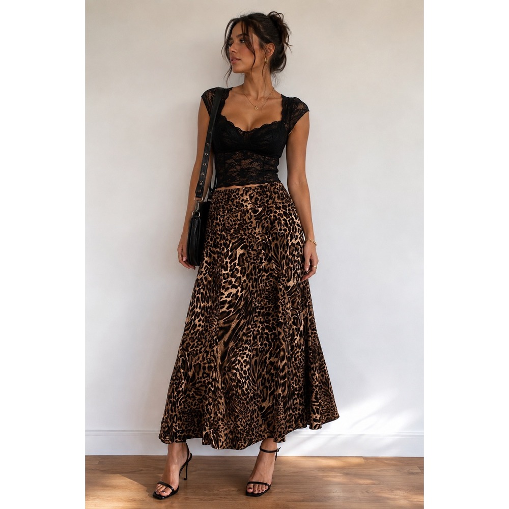 Cato Leopard Print Midi Skirt Brown Black Animal Print A-Line Size 6